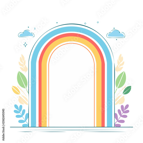 Flat vector illustration of rainbow arch with clouds and grass