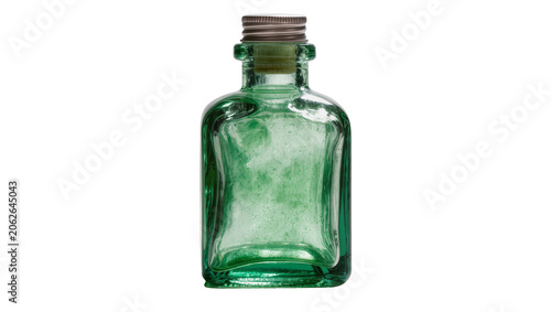 Green glass bottle with metal cap and cork stopper