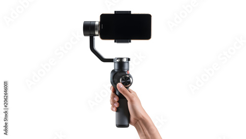 Photography Hand holding smartphone gimbal stabilizer with black screen