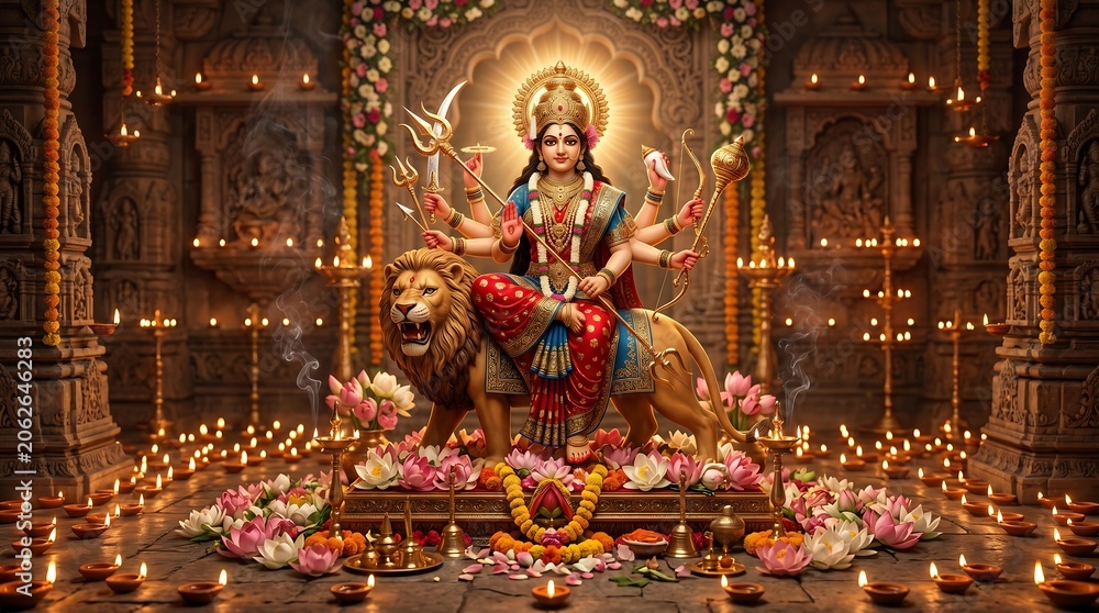 Fototapeta premium Hindu goddess Durga idol decorated with lamps and lotuses.
