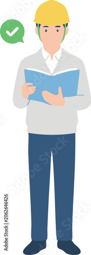 Construction worker with helmet and document, flat vector illustration.