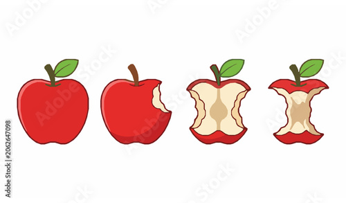 Ripe and Bitten Red Apple Vector Set with Apple Core for Healthy Lifestyle and School Themes