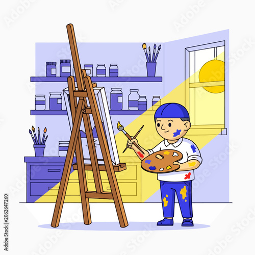 Young boy artist painting on canvas with brush and palette.