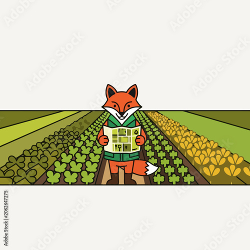 A charming fox character in a green vest holding a newspaper in a stylized field.