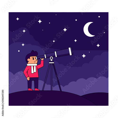 Young man observing celestial bodies with a powerful telescope.
