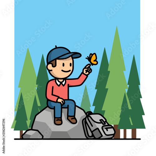 A happy man sitting on a rock with a butterfly on his finger.