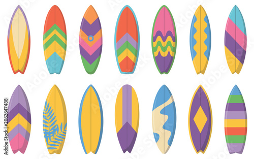Photography Surfboard, colorful summer beach and surfing boards decorated with vibrant patterns, tropical graphics and coastal themes