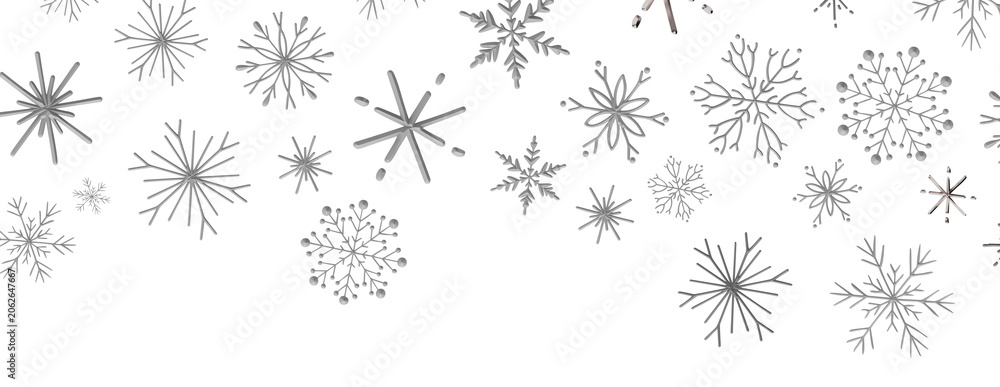 Fototapeta premium Beautiful decorative silver snowflakes drifting down on a clean white surface.