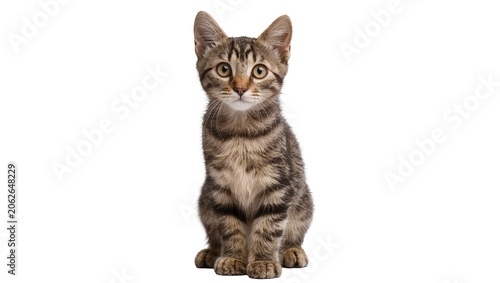 Tabby kitten sitting looking forward with alert eyes