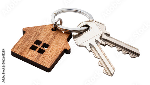 Wooden house keychain with two metal keys on a ring