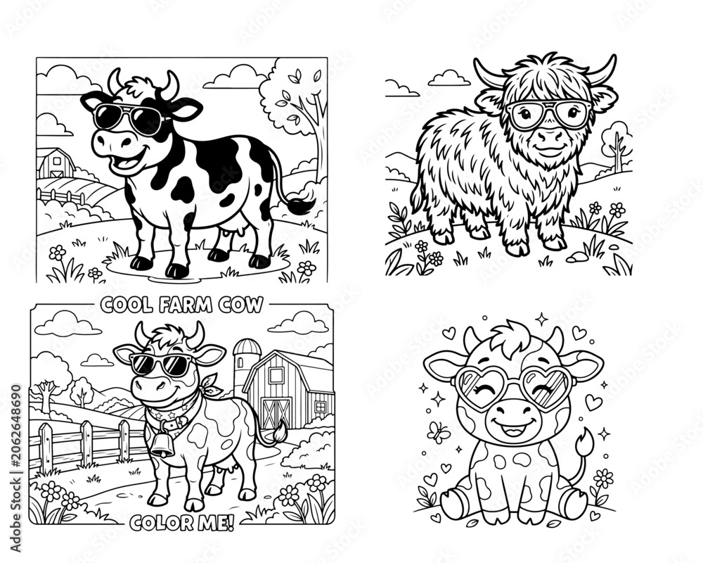 Obraz premium Cute Cow Coloring Pages for Kids - Set of 4 Fun Farm Animals
