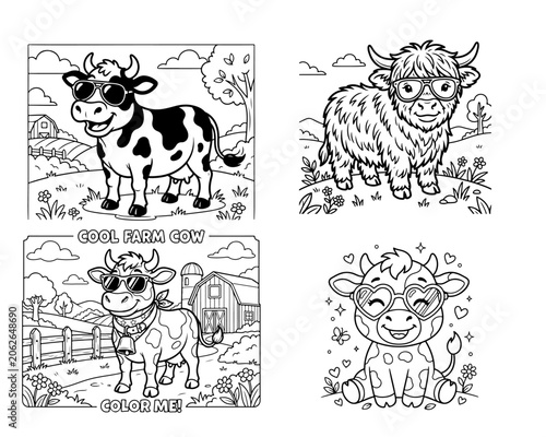 Quadro su tela Cute Cow Coloring Pages for Kids - Set of 4 Fun Farm Animals