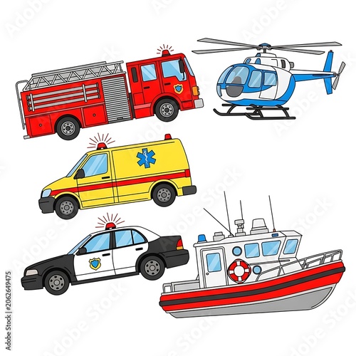 Colorful toy vehicles collection on white background.