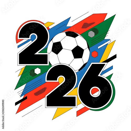 2026 soccer tournament logo design with ball and colorful abstract shapes isolated on white background