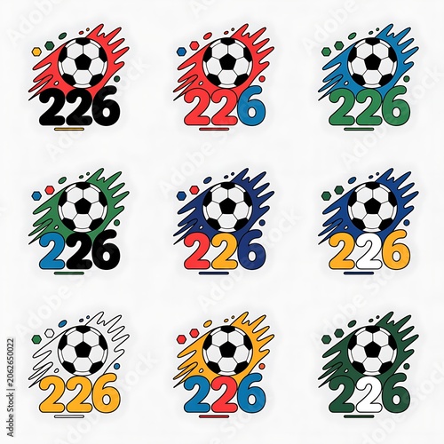 Set of colorful soccer ball icons with the number 226 for sports design isolated on white background