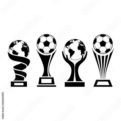 Set of black soccer trophy icons with earth globe and football ball designs isolated on white background