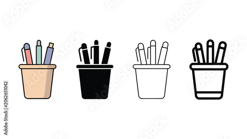 Foto Four different colored pencil holders with various writing utensils inside offic