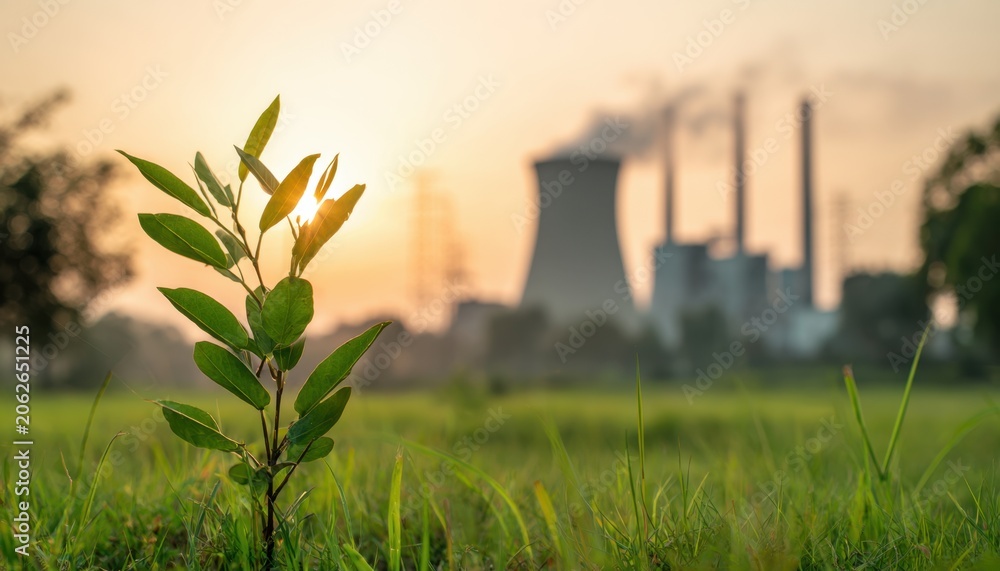 Naklejka premium Green plant sapling growing in a grassy field with a coal power plant emitting smoke in the at sunset