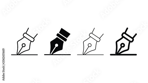 Four different fountain pen nibs writing on paper  illustration set
