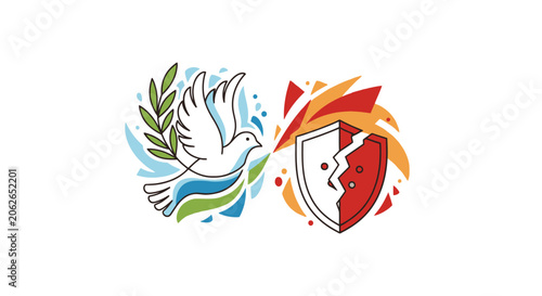 Konstfotografi White dove of peace and broken shield symbol
