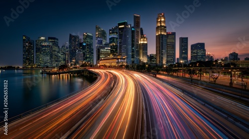 City lights shine bright over busy roads in Singapore during twilight hours with fast-moving traffic and tall buildings