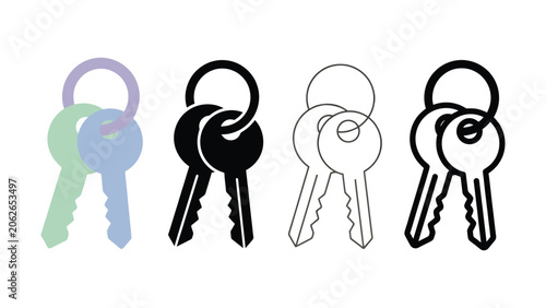 Cuadro en lienzo Four pairs of keys in different colors and line styles on white background