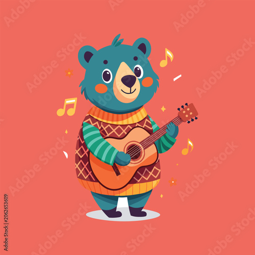 Cartoon bear playing guitar, musical bear illustration, blue bear with guitar, fun music icon
