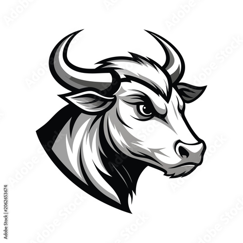Bull head, monochrome illustration, animal portrait, vector graphic