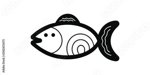 Black fish icon, simple fish illustration, cartoon fish, monochrome seafood symbol
