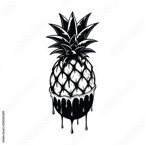 Black and white dripping pineapple vector icon, melty fruit illustration, tropical symbol, food sticker