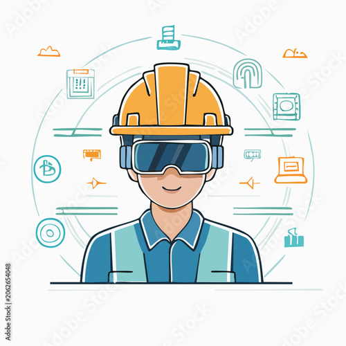 Engineer Wearing VR Headset with Futuristic Technology Icons
