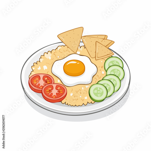 Fried Rice with Egg, Tomatoes, Cucumber, and Chips