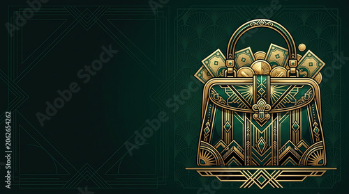 Art Deco illustration of a luxury green handbag filled with gold coins and cash. Vintage glamour and extreme wealth concept. Copy space for text