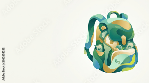 Abstract liquid shape illustration of a backpack filled with cash and gold coins. Modern finance and travel budget concept. Copy space for text