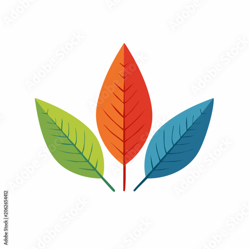 Three stylized leaves in green, orange, and blue