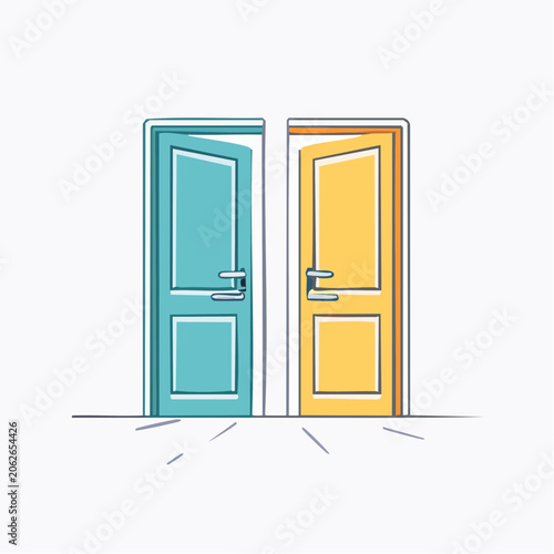 Two Doors, One Blue, One Yellow, Open Slightly