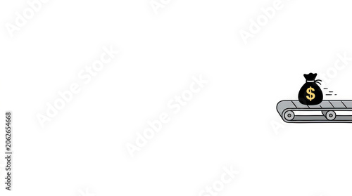 Black money bag with a dollar sign moving on an airport baggage carousel. Minimalist vector illustration of cash on a conveyor belt. Copy space for text