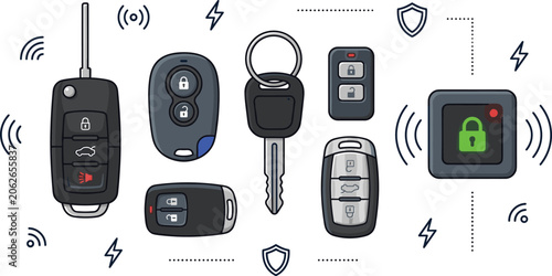 Cuadro en lienzo Automotive remote keyless entry fobs and car keys set with alarm security signal