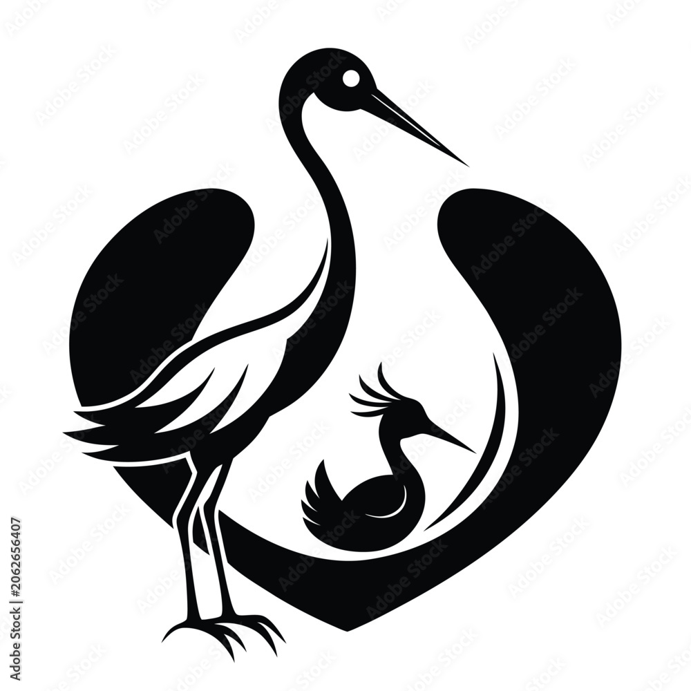 Obraz premium Elegant vector illustration of a stork and baby bird inside a heart-shaped design