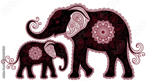 Fototapeta samoprzylepna Ornamental Elephant Family Pattern Silhouette Vector Design Boho Mandala Paisley Decor Wall Art Tattoo Indian Wedding Clipart EPS 