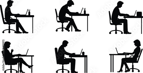 Foto Silhouettes of People Working on Laptops at Desks in Various Poses vector illust