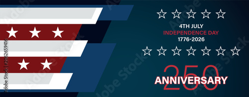 USA 250th anniversary Independence Day header banner; 4th of July semiquincentennial horizontal background template, American flag stars and stripes landscape