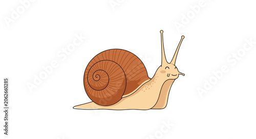 Cute cartoon brown garden snail with a big smile and long eyes, slow animal vector character illustration.