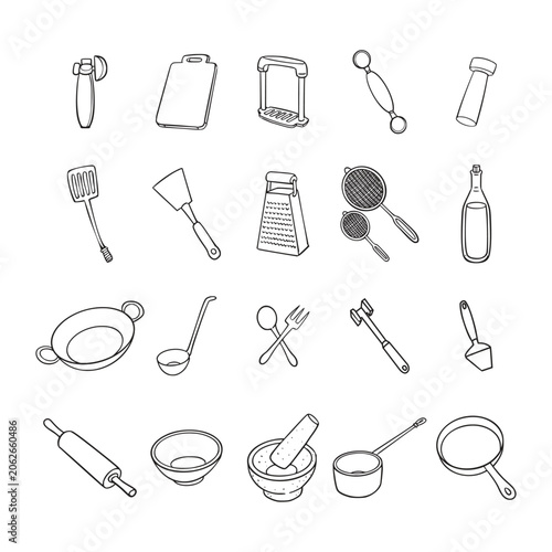 Hand Drawn Kitchen Utensils Doodle Icon Collection