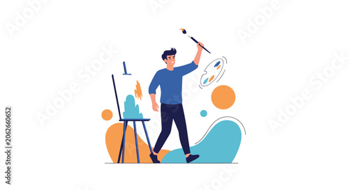 Creative male artist wearing a blue sweater stands in front of his easel painting a landscape with a paint brush.