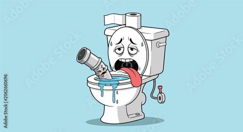 Sick and exhausted cartoon toilet character overflows with blue water while a clogged pipe sticks out of it.