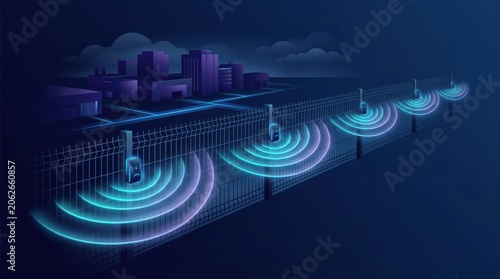 A security guard oversees a high-tech fence detection system equipped with sensors at night in an urban location to ensure safety.