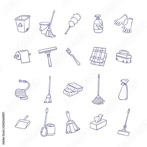 Hand Drawn Household Cleaning Tools Icon Set