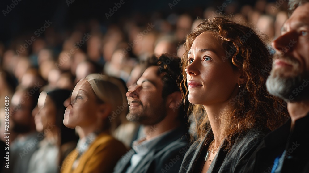 Obraz premium A Captivating Audience: A diverse group of individuals in a theater or auditorium, their faces upturned and illuminated, attentively watching a performance or presentation.