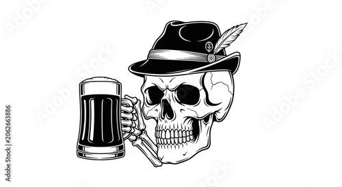 A skull wearing a hat smokes and holds a beer mug